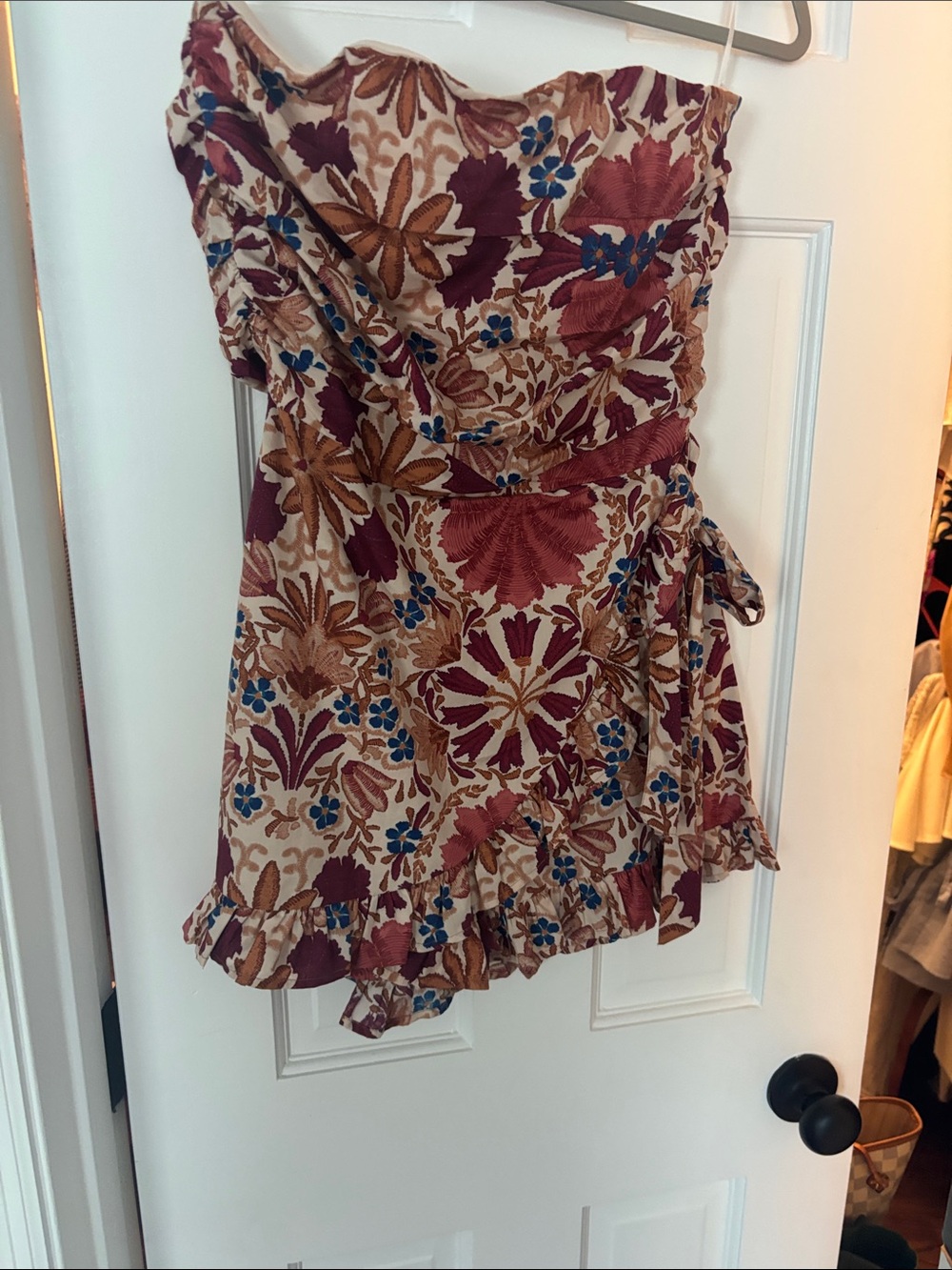 Strapless Floral Mini Dress in Beige, Burgundy & Blue
